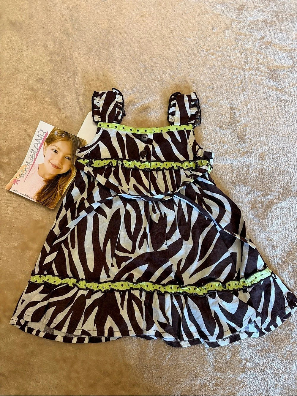 Youngland Girls Zebra Print Sundress with Lime Green Flower Zebra Print Sundress